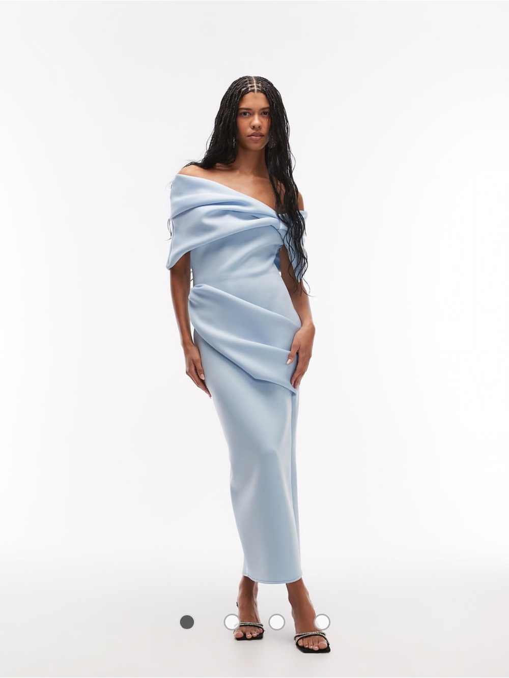 ASOS DESIGN exaggerated bardot midi dress in pale blue scuba-style fabric